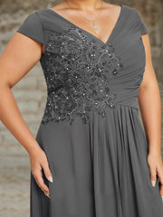 A-line V-Neck Floor-Length Chiffon Lace Mother of the Bride Dress With Sequins Beading Pleated