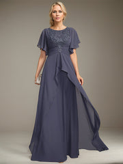 A-line Scoop Floor-Length Lace Chiffon Mother of the Bride Dress With Pleated