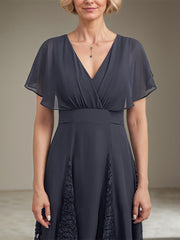 A-line V-Neck Asymmetrical Lace Chiffon Mother of the Bride Dress With Pleated