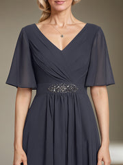 A-line V-Neck Ankle-Length Chiffon Mother of the Bride Dress With Pleated Beading Sequins