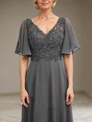 A-line V-Neck Floor-Length Chiffon Lace Mother of the Bride Dress With Sequins Beading