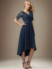 A-line V-Neck Asymmetrical Lace Chiffon Mother of the Bride Dress With Sequins