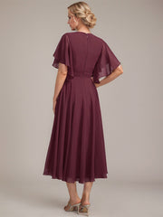 A-line V-Neck Tea-Length Chiffon Mother of the Bride Dress With Pleated Beading