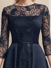 A-line Scoop Illusion Floor-Length Satin Lace Evening Dress With Sequins