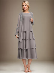 A-line Scoop Tea-Length Chiffon Mother of the Bride Dress With Cascading Ruffles