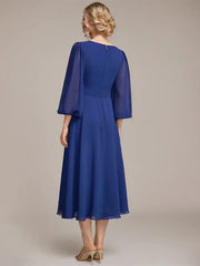 A-line Scoop Tea-Length Chiffon Mother of the Bride Dress With Crystal Brooch Pleated