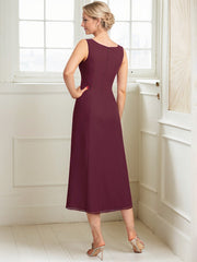 A-line Scoop Tea-Length Lace Chiffon Mother of the Bride Dress