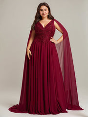 A-line V-Neck Sweep Train Lace Chiffon Evening Dress With Sequins