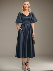 A-line V-Neck Tea-Length Satin Mother of the Bride Dress With Beading