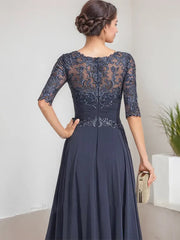 A-line Scoop Illusion Floor-Length Lace Chiffon Mother of the Bride Dress With Pleated Sequins