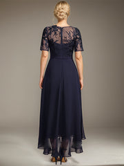 A-line Scoop Illusion Asymmetrical Lace Chiffon Mother of the Bride Dress