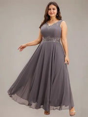 A-line V-Neck Ankle-Length Chiffon Mother of the Bride Dress With Sequins Appliques Lace Beading