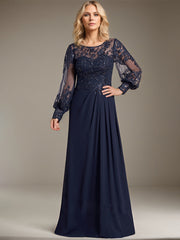 Sheath/Column Scoop Illusion Floor-Length Lace Chiffon Mother of the Bride Dress With Pleated Sequins