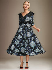 A-line V-Neck Collared Tea-Length Satin Floral Mother of the Bride Dress With Beading 3D Floral Sequins Pleated