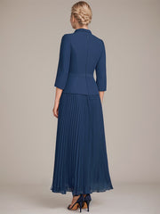 A-line Collared V-Neck Ankle-Length Chiffon Mother of the Bride Dress With Beading Pleated