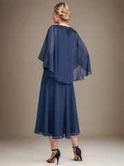 A-line V-Neck Tea-Length Chiffon Lace Mother of the Bride Dress With Sequins Beading