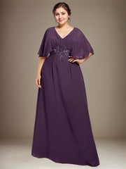 A-line V-Neck Floor-Length Chiffon Mother of the Bride Dress With Sequins Appliques Lace Pleated