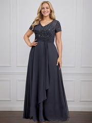 A-line V-Neck Floor-Length Chiffon Lace Mother of the Bride Dress With Beading Sequins Cascading Ruffles