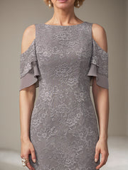 Trumpet/Mermaid Cold Shoulder Scoop Asymmetrical Lace Chiffon Mother of the Bride Dress With Ruffle