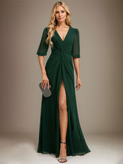A-line V-Neck Floor-Length Chiffon Evening Dress With Pleated