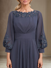 A-line Scoop Asymmetrical Chiffon Mother of the Bride Dress With Pleated Appliques Lace