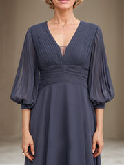A-line V-Neck Tea-Length Chiffon Mother of the Bride Dress With Pleated