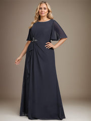 A-line Scoop Floor-Length Chiffon Mother of the Bride Dress With Cascading Ruffles Beading Sequins
