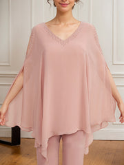 Separates Jumpsuit/Pantsuit V-Neck Floor-Length Chiffon Mother of the Bride Dress With Beading