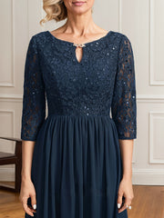 A-line Scoop Floor-Length Lace Chiffon Mother of the Bride Dress With Crystal Brooch Sequins