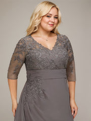 A-line V-Neck Floor-Length Lace Chiffon Mother of the Bride Dress With Cascading Ruffles