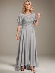 A-line Scoop Illusion Asymmetrical Chiffon Lace Mother of the Bride Dress With Beading