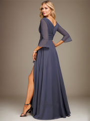 A-line V-Neck Floor-Length Chiffon Mother of the Bride Dress With Cascading Ruffles