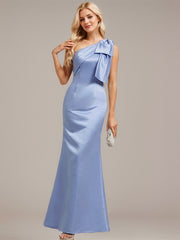 Sheath/Column One Shoulder Floor-Length Satin Evening Dress With Bow Pleated