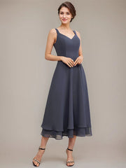 A-line V-Neck Tea-Length Chiffon Mother of the Bride Dress