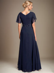 A-line V-Neck Floor-Length Lace Chiffon Mother of the Bride Dress With Cascading Ruffles Sequins