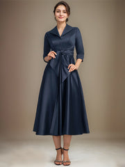 A-line V-Neck Collared Tea-Length Satin Mother of the Bride Dress