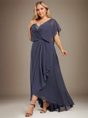 A-line V-Neck Asymmetrical Chiffon Mother of the Bride Dress With Sequins Beading Cascading Ruffles