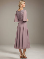 A-line Scoop Tea-Length Lace Chiffon Mother of the Bride Dress