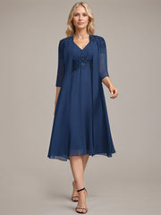 A-line V-Neck Knee-Length Chiffon Lace Mother of the Bride Dress With Pleated Beading Sequins