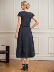 A-line Scoop Tea-Length Lace Chiffon Mother of the Bride Dress With Sequins