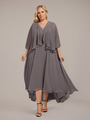 A-line V-Neck Asymmetrical Chiffon Mother of the Bride Dress With Beading Sequins