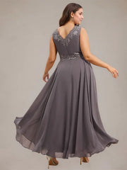 A-line V-Neck Ankle-Length Chiffon Mother of the Bride Dress With Sequins Appliques Lace Beading
