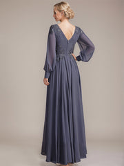 A-line V-Neck Floor-Length Chiffon Mother of the Bride Dress With Sequins Appliques Lace Pleated