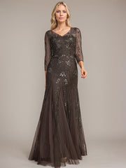 Trumpet/Mermaid Illusion V-Neck Floor-Length Tulle Sequin Lace Mother of the Bride Dress