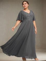 A-line V-Neck Floor-Length Chiffon Lace Mother of the Bride Dress With Sequins Beading