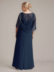A-Line Floor-Length Boat-Neck Lace Capelet Chiffon Mother of the Bride Dress