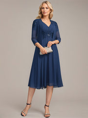 A-line V-Neck Knee-Length Chiffon Lace Mother of the Bride Dress With Pleated Beading Sequins