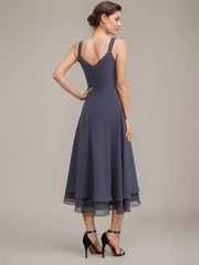 A-line V-Neck Tea-Length Chiffon Mother of the Bride Dress