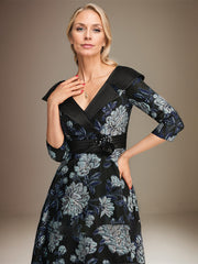 A-line V-Neck Collared Tea-Length Satin Floral Mother of the Bride Dress With Beading 3D Floral Sequins Pleated