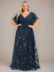 A-line V-Neck Floor-Length Lace Sequin Chiffon Mother of the Bride Dress With Pleated